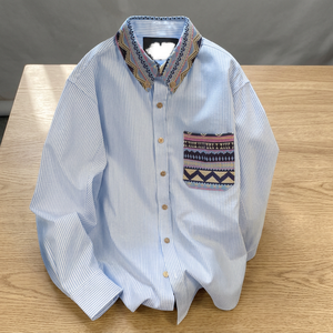 Camisa de mujer estilo bohemio a rayas, manga larga, con botones, cuello bordado y bolsillo, corte holgado, de popelina de algodón. - Product Image 3
