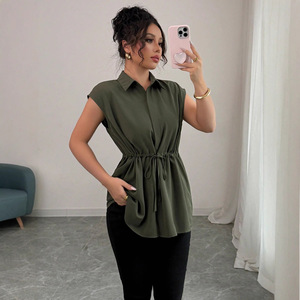 Camisa de Poliéster con Cuello en V, Manga Corta, Color Sólido, Estilo Coreano, Elegante, Transpirable, con Cordón Ajustable en la Cintura, para Mujer de Oficina - Product Image 3