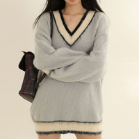 Femmes à la mode Varsity rayé col en V pull collège décontracté à manches longues pull tricoté pull haut ample Preppy floue armure