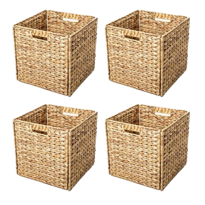Handwoven Water Hyacinth Square Storage <b>Cube</b> <b>Basket</b> Closet Shelf Organizer Bin Cutout Handles - Product Image 1
