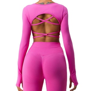 Women's <b>High</b> Waist Yoga Tank <b>Top</b> Fixed Chest Pads Hollow Backless Breathable Long Sleeve Eco-Friendly Reversible Plus Size Cross - Product Image 1