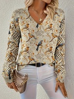Pull en tricot ajouré à col en V pour femme, imprimé floral oiseaux, manches longues, décontracté, printemps