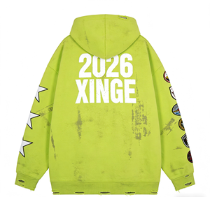 เสื้อฮู้ดดี้กราฟิกปี 2026 แบบปรับแต่งได้สำหรับผู้ชาย สีเขียวนีออน ทรงโอเวอร์ไซส์ สไตล์สตรีทแวร์ แต่งลายปะติด งานพิมพ์ดิจิทัลลายไม้ไผ่ สำหรับฤดูใบไม้ร่วง - Product Image 2