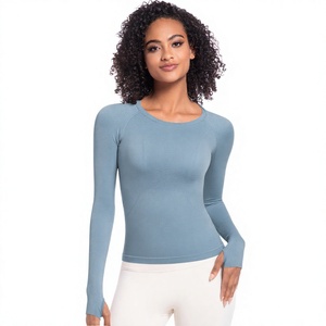 Camiseta de Yoga de Manga Larga para Mujer, Cuello Redondo, Color Sólido, Transpirable, Spandex, Poliéster, Corte Regular - Product Image 1