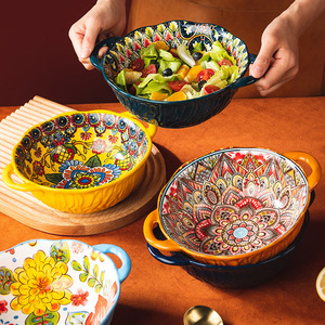 Sáng tạo phong cách dân tộc Bohemian vẽ tay bát Gốm Hai tai màu vàng xanh sóng cây mô hình thả bộ đồ ăn - Product Image 2