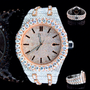 Reloj de Lujo para Hombre con Esfera Redonda de Moissanita en Oro Rosa VVS1, Brazalete de Acero Inoxidable con Cierre y Resistencia al Agua de 10 Bares - Product Image 1