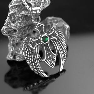 Stainless Steel Men's <b>Cross</b> Wing Pendant With Green Gemstone Asymmetrical Design Necklace Charm Gift - Product Image 1