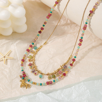 Collier Licorne en Acier Inoxydable 316 Plaqué Or 18K avec Pierres Naturelles Roses, Collier Ras du Cou Perlé pour Femme - Vente en Gros