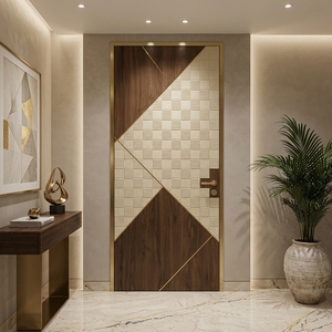 Cette porte intérieure en acajou présente un motif géométrique en mosaïque et intègre des tissages complexes en rotin naturel pour un style élégant. - Product Image 2