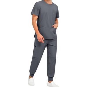 Men's Gray Scrub <b>Set</b> With Pocket Top And Cargo Pants Hospital Uniform Stretch Medical Workwear For <b>Doctors</b> Nurses - Product Image 1