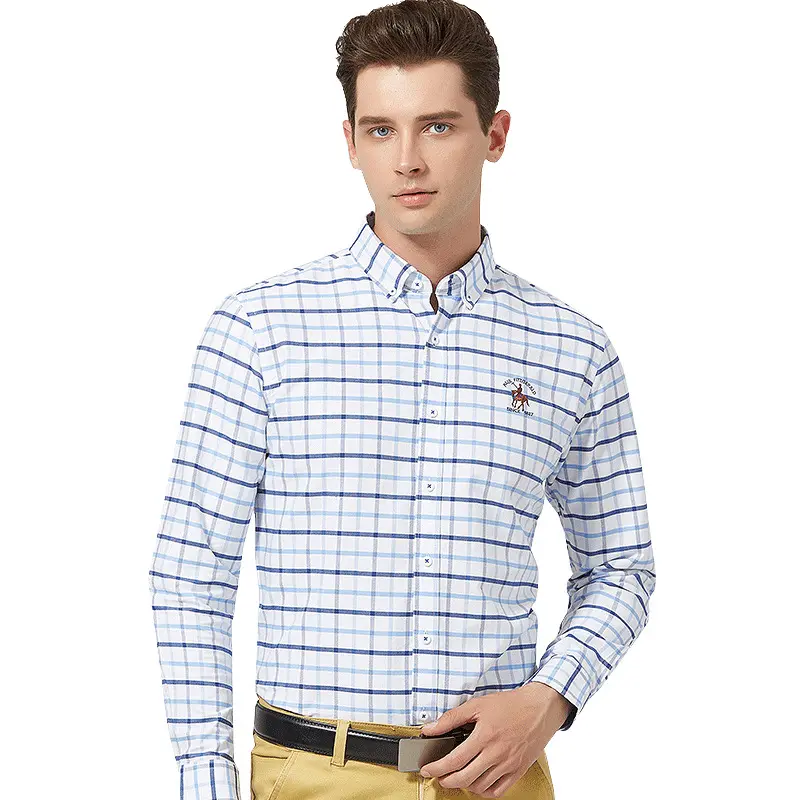 Light Blue Striped Men's Shirt Long Sleeve Cotton Thick Fabric Good Quality Cotton Men's Shirts