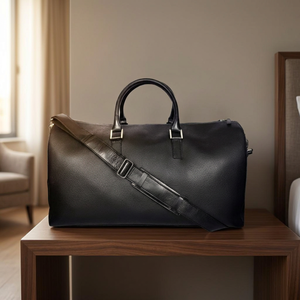 Black Genuine <b>Leather</b> Duffel <b>Bag</b> <b>Men</b> Weekender <b>Travel</b> Gym Shoulder Strap Zipper Closure Durable Polyester Lining - Product Image 3