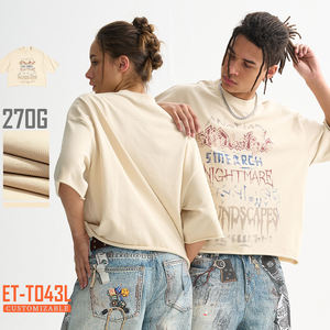 Venta al por mayor caliente Hip Hop 270 Gsm Boxy Cropped Graphic Tee Raw Hem Screen Print manga corta Oversize camiseta - Product Image 2