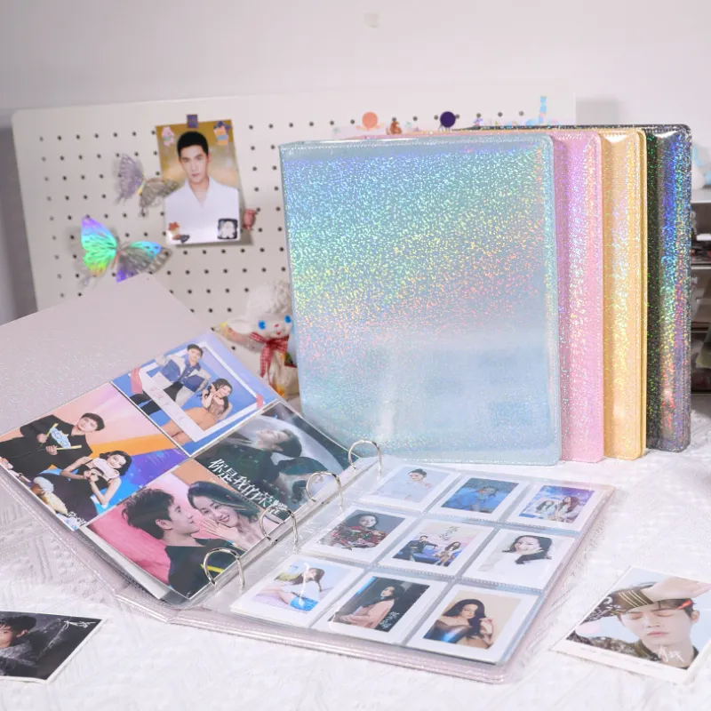 A4 A5 PU deri halka bağlayıcı kitap toplamak Glitter göz kamaştırıcı lazer kart kitap fotoğraf albümü kartpostal kağıt para tasarrufu dosya klasörü