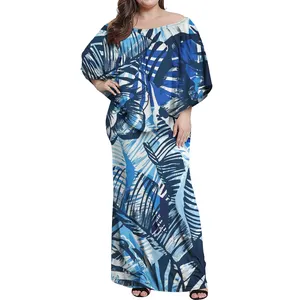 Hot Koop Marineblauw Tropische Bloemen Jurken Plus Size Womens Polynesische Kerk Evenementen Kleding Modieuze Sexy Enkellange Gown