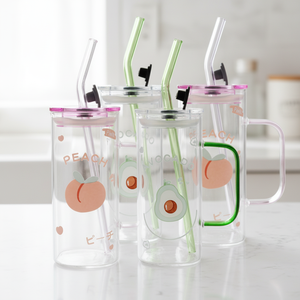 Mug en verre à motif <span class=keywords><strong>de</strong></span> fruits 450 ml avec poignée et paille en verre, tasse à boire en borosilicate pour jus - Product Image 4