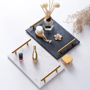 Modern Indian Stone Marble Branch Marble Gold Serving Rectangle Stone Laundry Tray With Gold Handles Tray For Bathroom