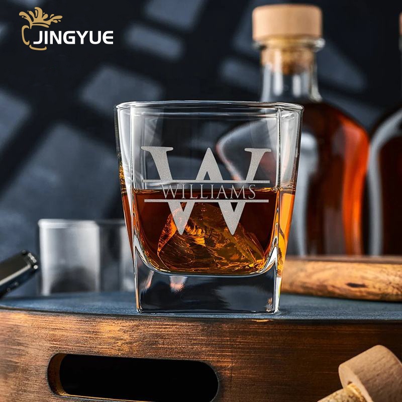 JINGYUE Custom Engraved Square Clear Whiskey Glasses 270ml Old Fashioned Whiskey Glass Set with 4 Cups for Bar