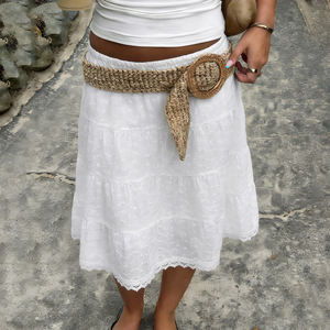 Women <b>Boho</b> Style White Lace Midi <b>Skirt</b> A Line Hollow Out Jacquard Textured Summer Vacation <b>Skirt</b> - Product Image 5