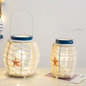 Faro led de madera de estilo mediterráneo, lámpara de redes de pesca, conchas de peces náuticas, linterna