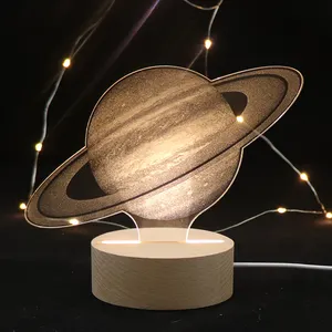 批发装饰灯土星3D亚克力夜灯木制发光二极管灯座USB情绪灯男孩礼品