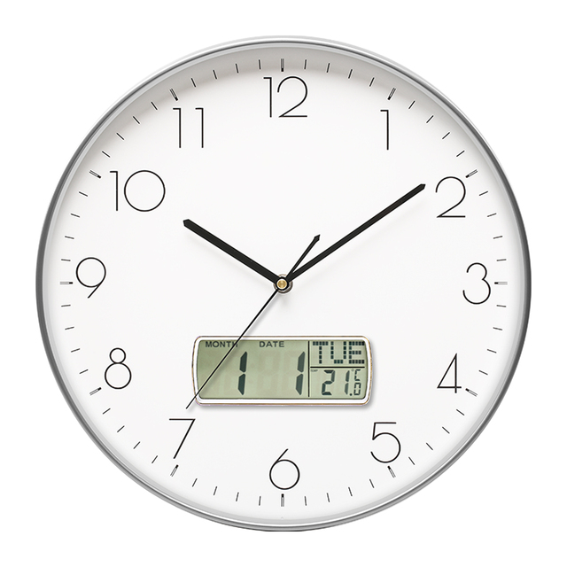 12-inch Round Study Art Deco Quartz LCD Calendar Single Face Two-piece Custom Plastic Wall Clock Temperature Humidity Display