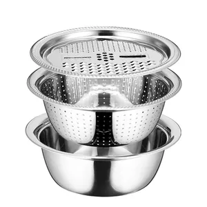 Hot sale Multi-Function 3Pcs stainless steel strainer wet basket with grater vegetable cutter colanders