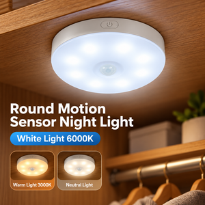 Luz Nocturna LED con Sensor de Movimiento PIR, Tricolor Ajustable, Luz Blanca, Lámpara Redonda para Armario, Gabinete, Pasillo - Product Image 1