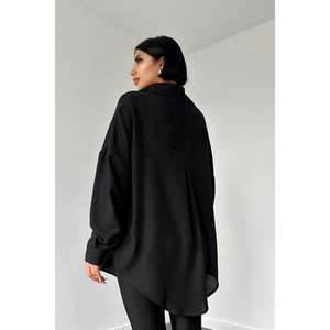 Camisa Negra Asimétrica con Botones para Mujer, Blusa Casual de Popelina para Uso Diario - Product Image 1