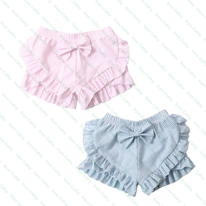 Summer Baby Girls Bloomers Seersucker couvre-couche avec nœud pour bébé Toddler Girl Pink Stripe Ruffle shorties - Product Image 1