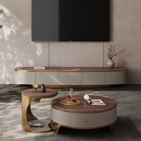 Meuble TV en bois massif avec table basse ronde en placage de noyer – Ensemble combiné pour salon d'hôtel ou gîte – Vente en gros