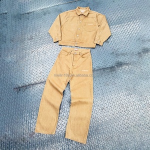 Ensemble en jean décontracté deux pièces surdimensionné avec veste boutonnée et jean en denim 14oz délavé pour tenue de jogging - Product Image 1