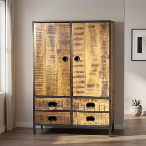 Armoire industrielle vintage en bois massif à 2 portes et 4 tiroirs, durable, écologique, finition en fer rouillé, style antique, pour la maison ou la villa - Product Image 3