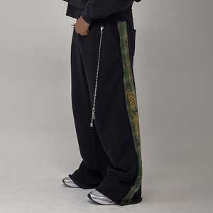 Pantalon de jogging en coton épais délavé à l'acide Huili pour homme, taille élastique, motif écossais sur le côté, coupe large et ample - Product Image 3