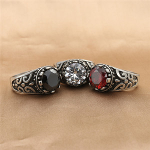 yunnique Retro Men's Stainless Steel <b>Rings</b> With <b>Black</b> Red Clear Stone Bezel Setting Geometric Design Gift Jewelry - Product Image 1