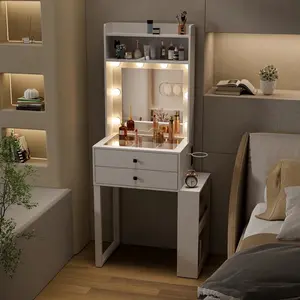 Modern Luxury White Glass Top Dressing Table Makeup Vanity Dressing Bedroom Set Mirror LED Lights Storage Drawers Shelf