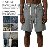 Shorts en jean rayés vintage pour hommes, coupe ample, avec cordon de serrage à pampilles tressées, vente en gros, OEM, ODM, logo personnalisé