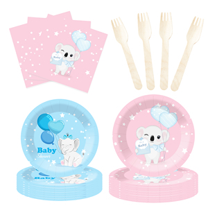 Juego de vajilla para fiesta de cumpleaños DAMAI, platos de papel con diseño de elefante en colores pastel rosa y azul para suministros de revelación de género, sirve para 8 personas. - Product Image 4