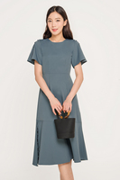 Robe mi-longue en mousseline de soie solide à la mode avec col en O manches courtes et ourlet fendu sur le côté pour femmes