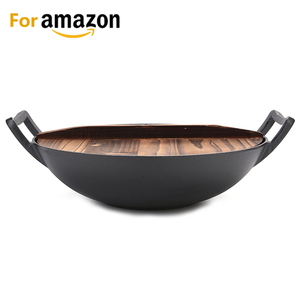<span class=keywords><strong>Wok</strong></span> <span class=keywords><strong>chino</strong></span> de hierro fundido de cocina <span class=keywords><strong>grande</strong></span> presazonado de 14 pulgadas negro a la venta - Product Image 2