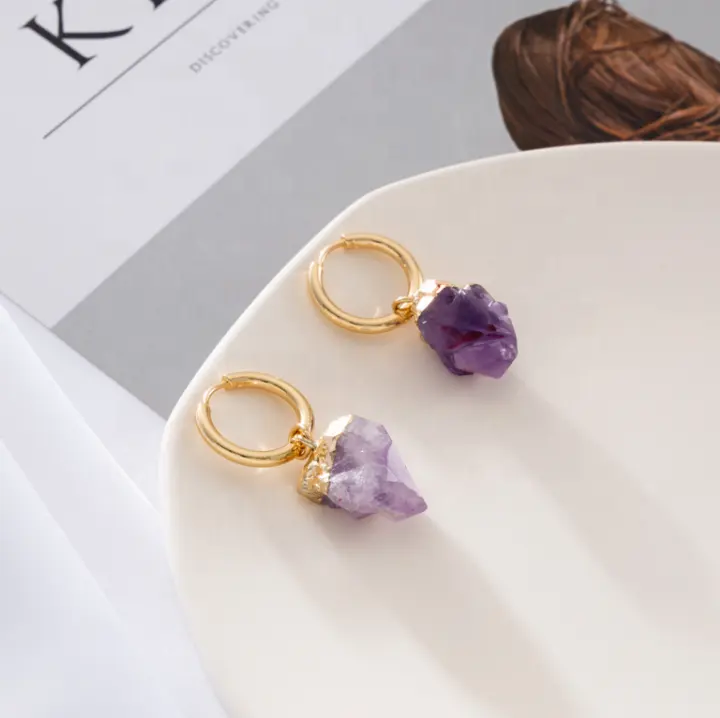 Semi-precious Jewelry 18k gold plated Genuine Natural Gemstone raw stone jewelry amethyst coral Dangle Drop Earrings