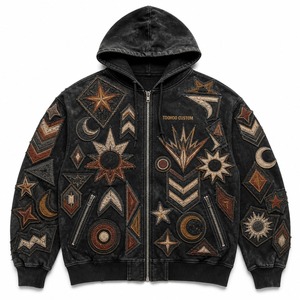 Sudadera con capucha negra desgastada personalizada para hombre, con cremallera completa, bordado de parche de estrella y luna celestiales, chaqueta con capucha, ropa urbana de marca personalizada - Product Image 1