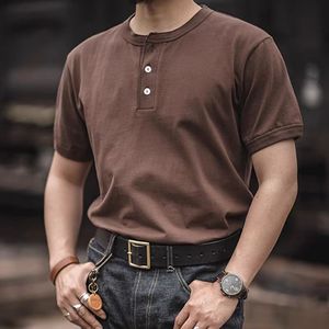 230Gヘビーヘンリー糸染めニット100%オーガニックコットンメンズサマー半袖Tシャツアメリカンレトロスタイル無地スマート - Product Image 5