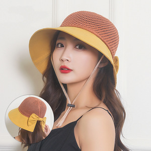 Summer Women's Breathable Fisherman Hat With <b>Bow</b> Tie Sun Protection Bucket Hat For Beach Outings Yellow Brick <b>Red</b> Color - Product Image 1