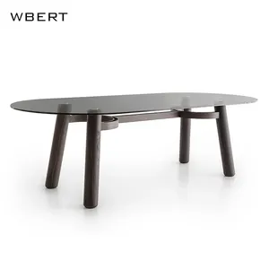 Pelapis Nordic Set Modern dengan kaki kayu Solid dan meja kaca antigores untuk rumah ruang tamu meja makan sederhana