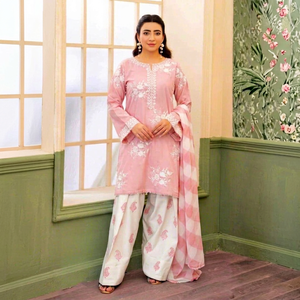 Salwar Kameez en coton rose avec broderie florale, coupe classique, longueur genou, élégant, vêtements décontractés pour femmes, séchage rapide, matériaux recyclés - Product Image 1