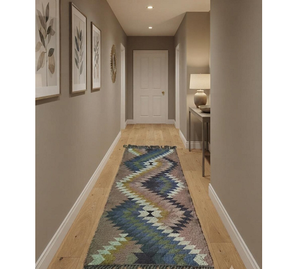 Geometric Kilim Style <b>Runner</b> <b>Rug</b> | Handwoven Boho Tribal Wool Jute Carpet <b>for</b> Hallway Bedroom Living Room Entryway Home Decor - Product Image 1