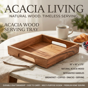 ACACIA LIVING Bandeja de Servir de Madera de Acacia de 10x10 Pulgadas con Asas Integradas, Acabado con Recubrimiento en Polvo, Apta para Lavavajillas y Microondas - Product Image 1