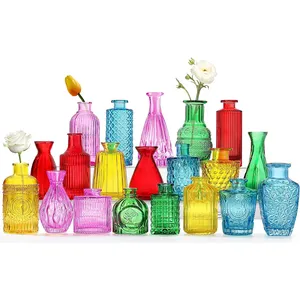 Gekleurde Glazen Knop Vazen Kleine Vazen Voor Bloemen Vintage Reliëf Vazen In Bulk Mini Glazen Flessen Voor Bruiloft Middelpunt