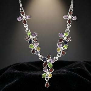 Collier Statement en Forme de Fleur Art Palace pour Femme, Argent 925 Plaqué Rhodium, Pierres Précieuses Multicolores, Style Bohème, Usage Quotidien - Product Image 3